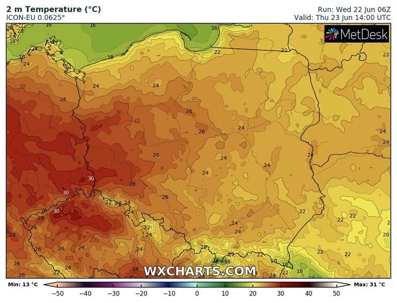 Na krańcach zachodnich temperatura sięgnie prawie 30 st. C