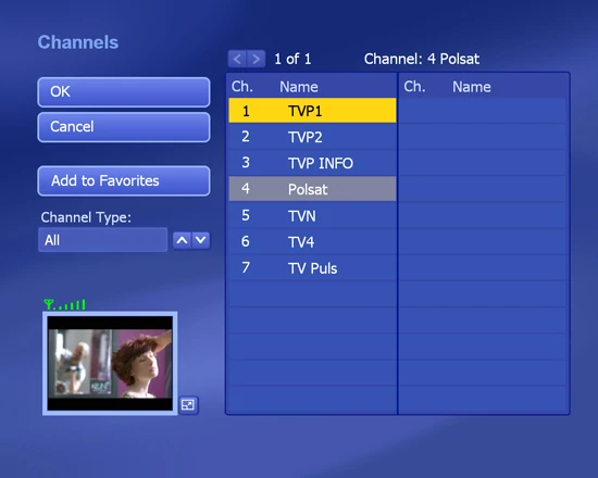 Oglądany kanał można dodać do ulubionych. Często zmniejszone okienko maskuje słabą jakość sygnału odbieranego przez urządzenie