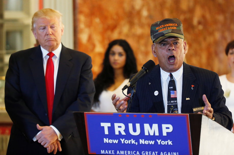 Veterans advocate Al Baldasaro speaks to defend Republican U.S. presidential candidate Donald Trump at Trump Tower in Manhattan, New York, U.S., May 31, 2016.