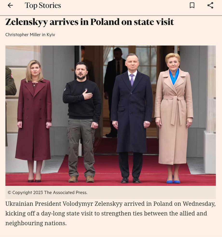 Artykuł o wizycie Wołodymyra Zełenskiego na łamach internetowego wydania "Financial Times"