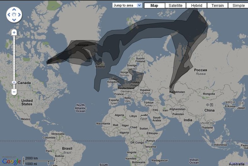 Chmura pyłów wulkanicznych (świat) - 25.05.2011, wizualizacja flightradar24.com