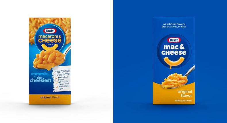 The old and the new: the new Kraft Mac & Cheese box.