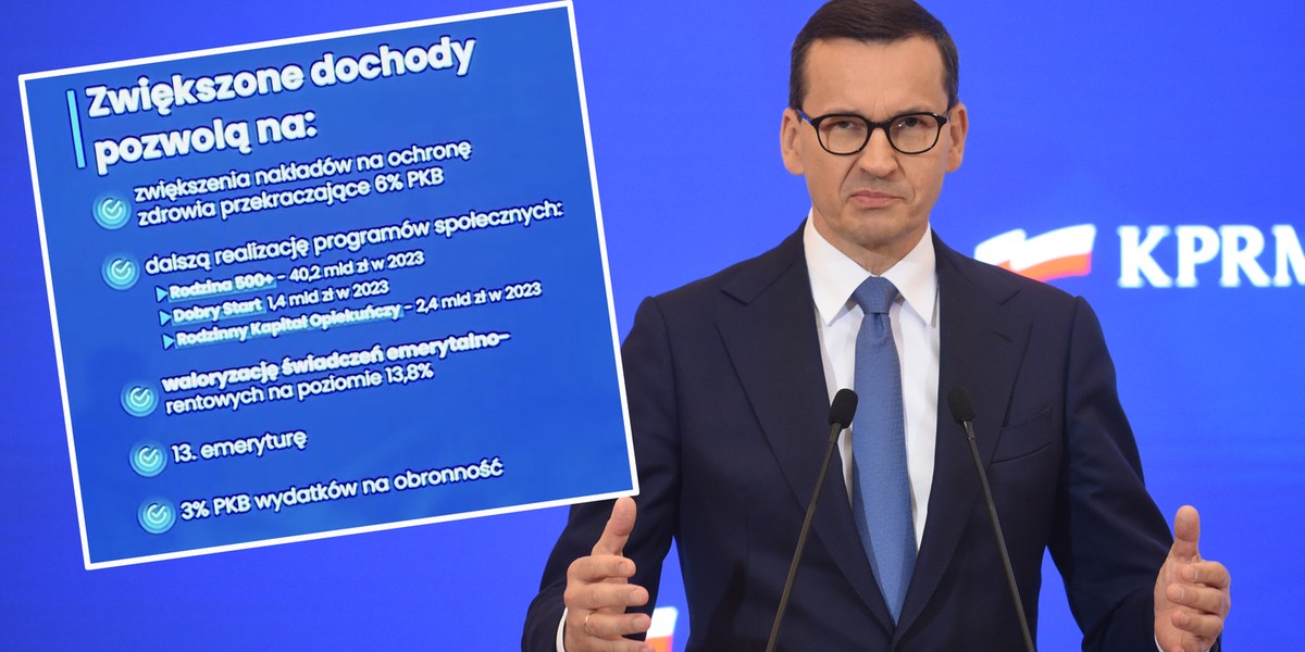 Premier Mateusz Morawiecki mówi o utrzymaniu programów społecznych. Ale na slajdach nie ma mowy o czternastkach. 