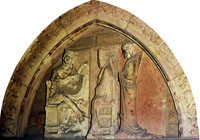 Fragment Ołtarza Jerozolimskiego z kościoła NMPanny w Gdańsku (koniec XV w.), nieznanego malarza gdańskiego, przedstawiakróla wyjeżdżającego z miasta na czele zbrojnego orszaku rycerskiego.