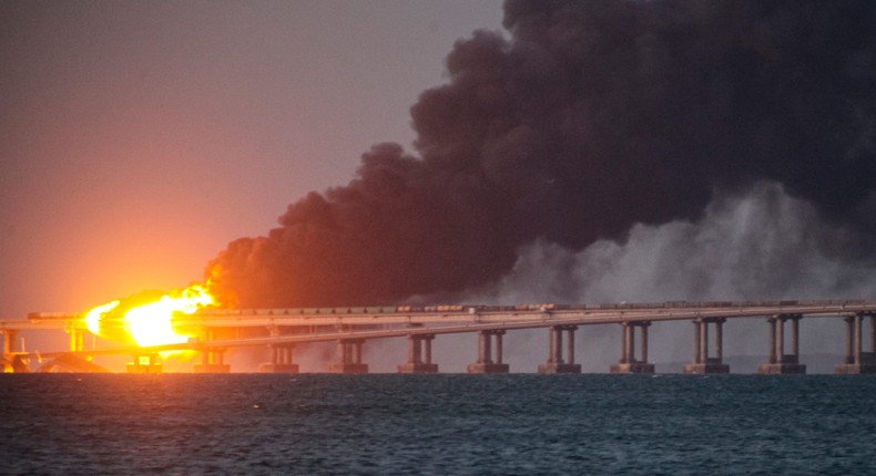 The Kerch Strait Bridge between Russia and Crimea was damaged in a blast on October 8, 2022.AP Photo