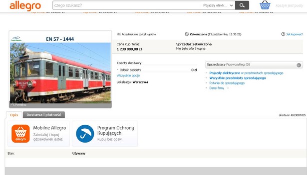 Aukcja pociągu EN 57 nr 1444 Przewozów Regionalnych na Allegro, źródło: Allegro