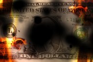 United States banknote dollar burning with fire and destroyed, conceptual financial crisis, 3d illus