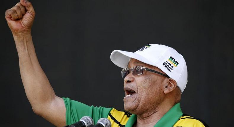 South African President Jacob Zuma addresses supporters of his ruling African National Congress (ANC), at a rally to launch the ANC's local government election manifesto in Port Elizabeth, April 16, 2016. 