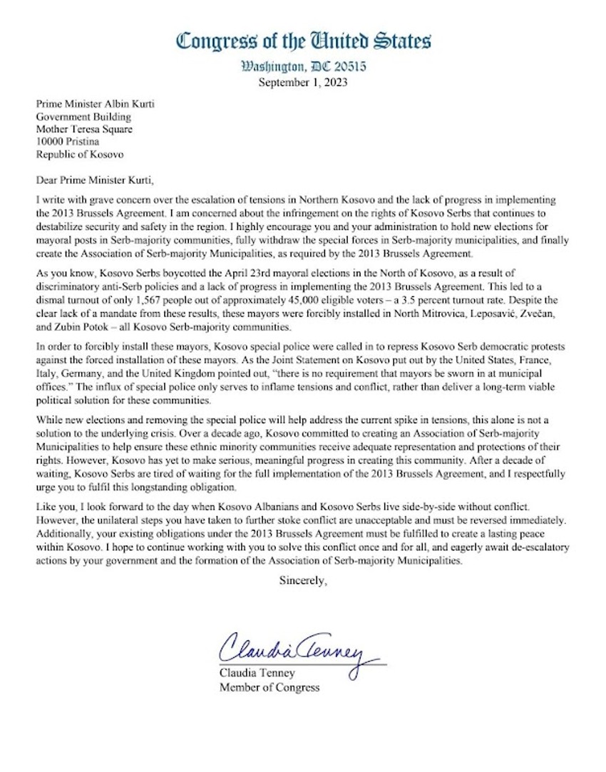 Pismo Klaudije Teni Aljbinu Kurtiju