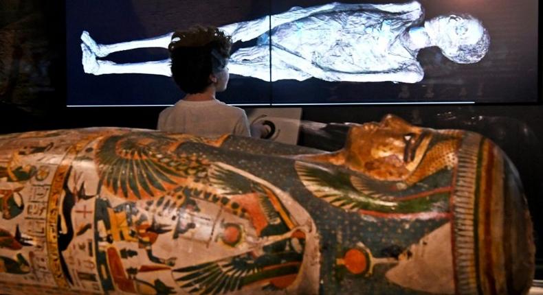 A young visitor looks at a 3D image of a CT scan of an Egyptian mummy, during a preview for a joint British-Australian exhibition in Sydney