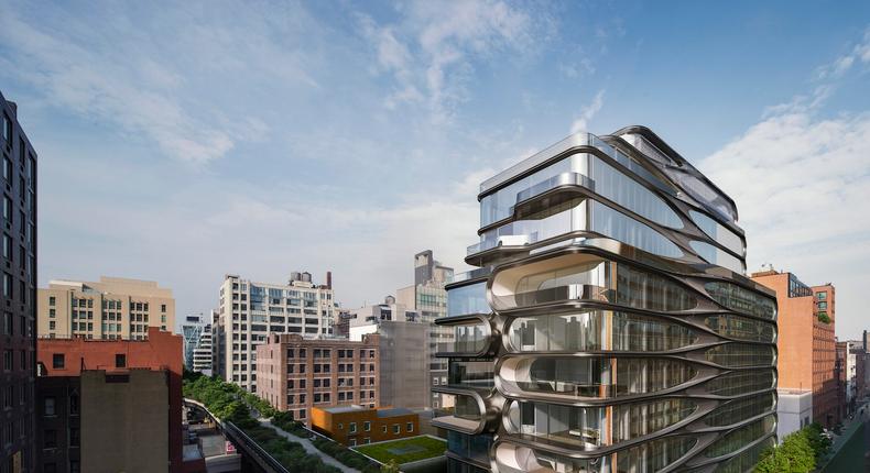An artistic rendering of Zaha Hadid's newest building that borders the High Line in West Chelsea.