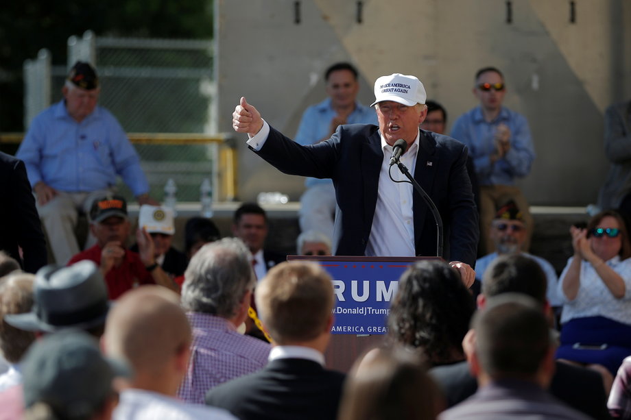Donald Trump speaks at a campaign town-hall meeting outside a closed Osram Sylvania manufacturing facility in Manchester, New Hampshire, June 30, 2016.