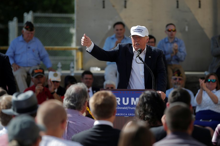 Donald Trump speaks at a campaign town-hall meeting outside a closed Osram Sylvania manufacturing facility in Manchester, New Hampshire, June 30, 2016.