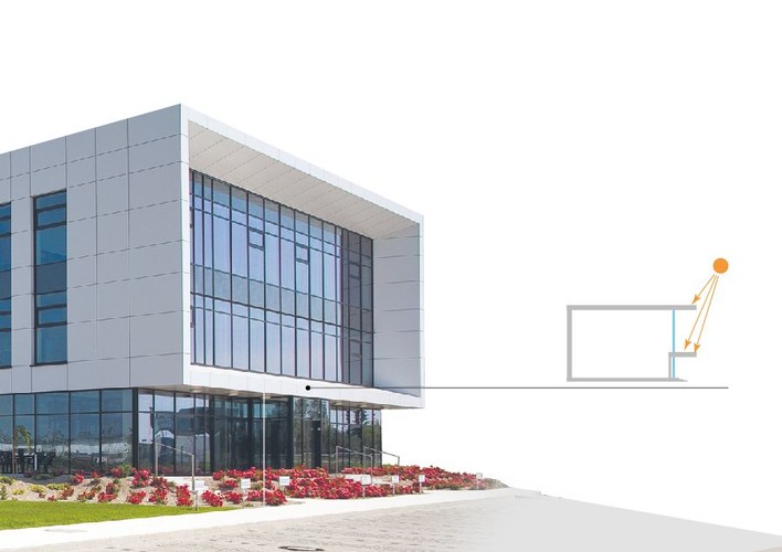 Półka świetlna na elewacji frontowej to także celowe rozwiązanie. Wysunięta przed bryłę budynku elewacja sprawia, że słońce nie pada bezpośrednio na fasadę, co obniża koszty chłodzenia budynku