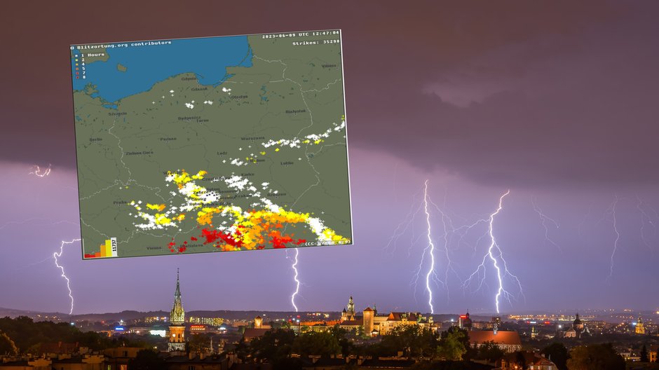 Nad Polską przechodzą gwałtowne burze (mapa: blitzortung.org)