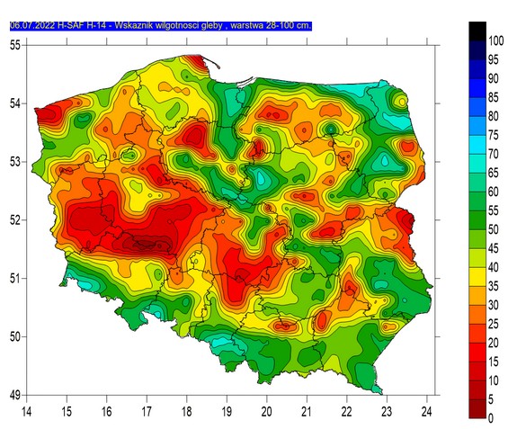 Wilgotność gleby w warstwie 28-100 cm (6 lipca)