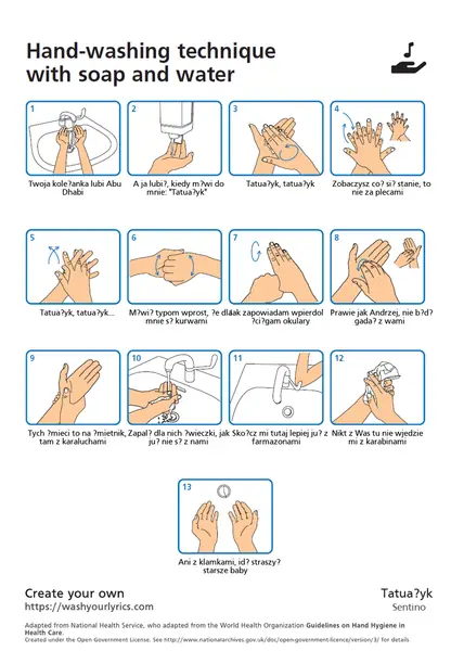 Instrukcja mycia rąk przez 20 sekund do &quot;Tatuażyka&quot; Sentino