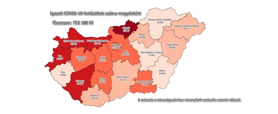 Igazolt Covid-19 fertőzöttek száma megyénként / Fotó: koronavirus.gov.hu