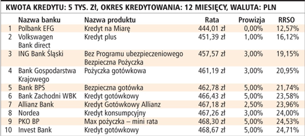 Kwota kredytu: 5 tys. zł, okres kredytowania: 12 miesięcy, waluta: PLN