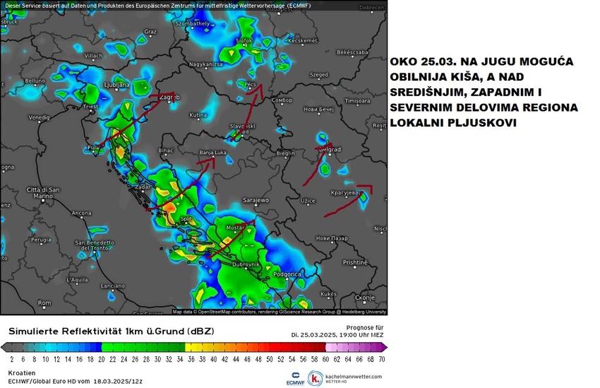 Obilnija kiša i pljuskovi su mogući oko 25. marta