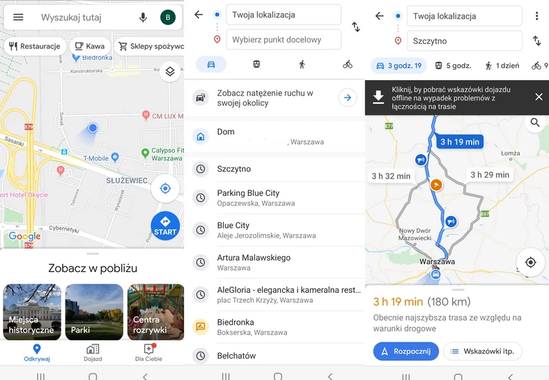 Google Maps - wyszukanie miejsca jest proste, a do wyboru mamy jedną z maksymalnie trzech tras