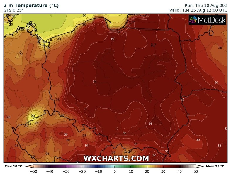 We wtorek na przeważającym obszarze temperatura wzrośnie do 32-35 st. C