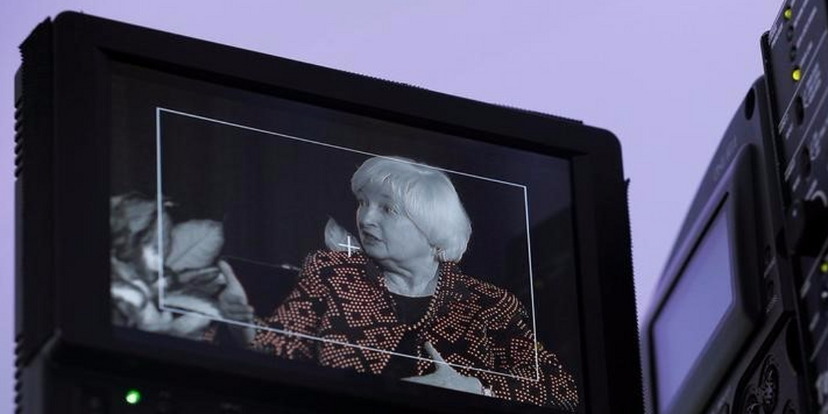 The monitor on a video camera shows Federal Reserve Chair Janet Yellen as she speaks at the Radcliffe Institute for Advanced Studies at Harvard University in Cambridge