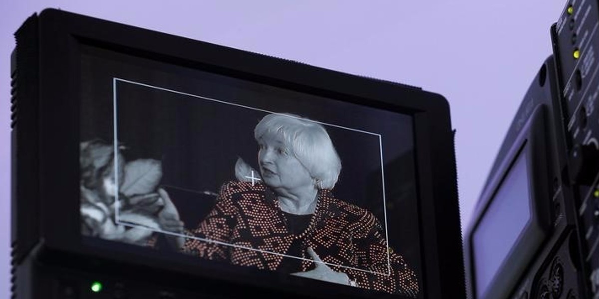 The monitor on a video camera shows Federal Reserve Chair Janet Yellen as she speaks at the Radcliffe Institute for Advanced Studies at Harvard University in Cambridge