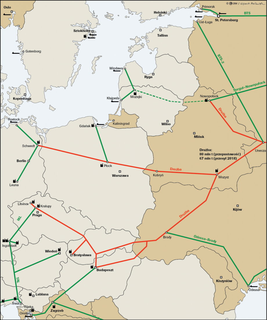 Czerwoną linią zaznaczona trasa rurociągu Przyjaźń.