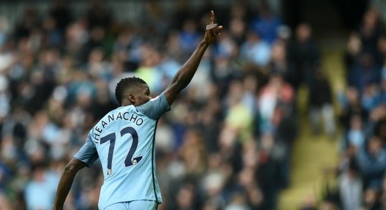 Manchester City striker Kelechi Iheanacho celebrates after scoring their first goal during the English Premier League match against Southampton at the Etihad Stadium in Manchester, north-west England, on October 23, 2016