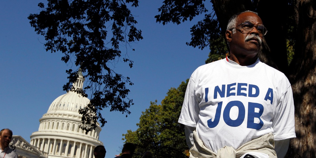 Mervin Sealy from Hickory, North Carolina, takes part in a protest rally outside the Capitol Building in Washington, October 5, 2011. Demonstrators were demanding that Congress create jobs, not make budget cuts during the protest.