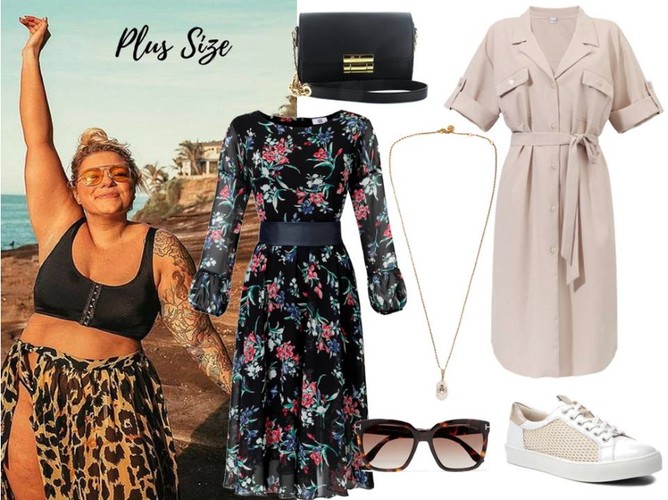 STYLIZACJE modne i wygodne: sukienka w kwiaty - Midori Feminine Fashion/midori.pl, piaskowa szmizjerka - Grandio/grandio.pl, buty - Caprice/caprice.pl, torebka - Menbur/menbur.pl, pozostałe dodatki - TK MAXX