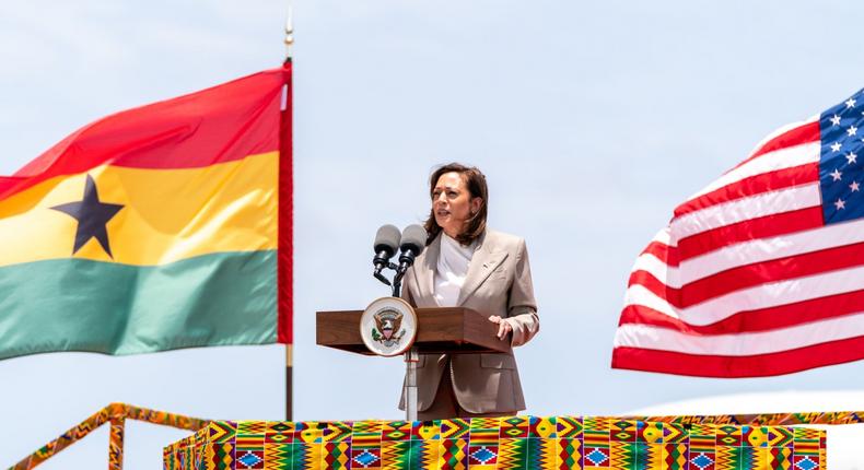 United States Vice President Kamala Harris speaks on arrival in Ghana, March 26, 2023