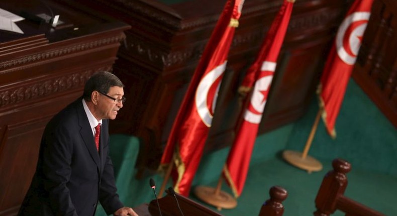 Tunisian Prime Minister Habib Essid delivers a speech at the Assembly of People's Representatives in Tunis, Tunisia January 11, 2016.  REUTERS/Zoubeir Souissi