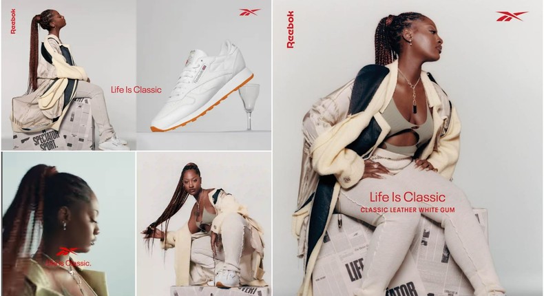 Tems models Reebok classic leather shoes