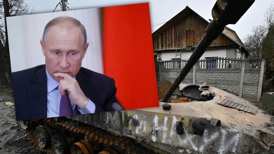 Władimir Putin i zniszczony sprzęt w Ukrainie
