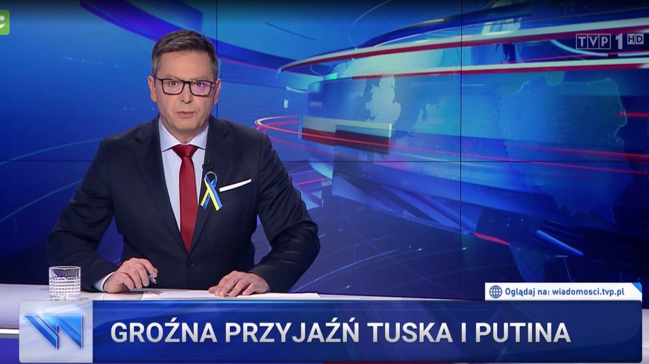 "Wiadomości" TVP informują o rzekomej przyjaźni Tuska z Putinem, screen z programu