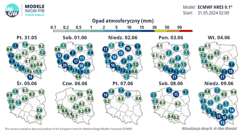 Prognozowana suma opadów w Polsce w kolejnych dniach