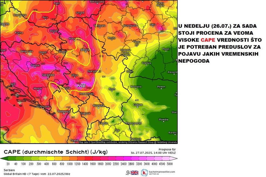 Mapa koja ukazuje na jače vremenske nepogode