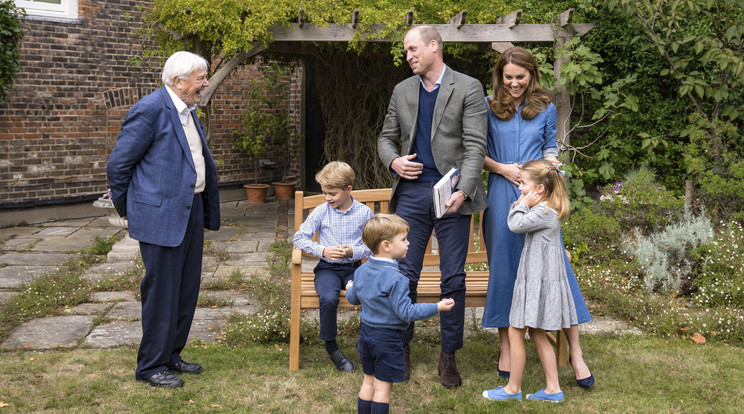 Vilmos cambridge-i herceg és felesége, Katalin hercegnő fogadja David Attenborough brit természettudóst a londoni Kensington-palota kertjében. Körülöttük három gyermekük, György (ül) és Lajos herceg (elöl), valamint Sarolta hercegnő (j). Az eseményen levetítették a hamarosan a mozikba kerülő David Attenborough: A Life On Our Planet című dokumentumfilmet / MTI AP