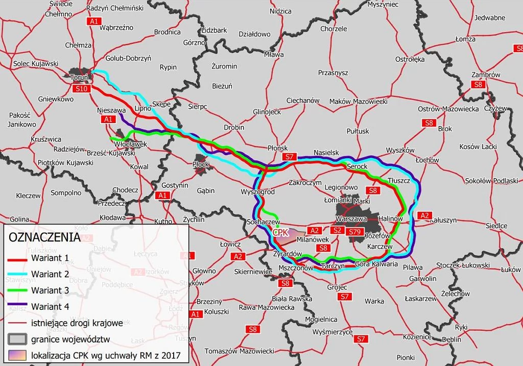 Warianty przebiegu Obwodnicy Aglomeracji Warszawskiej