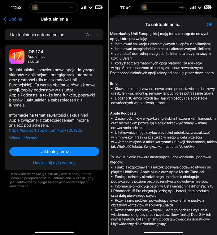 Opis aktualizacji iOS 17.4
