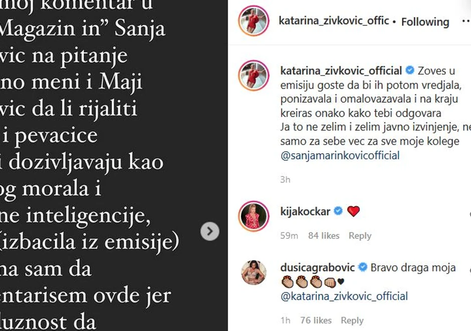 Komentari ispod Katarinine objave