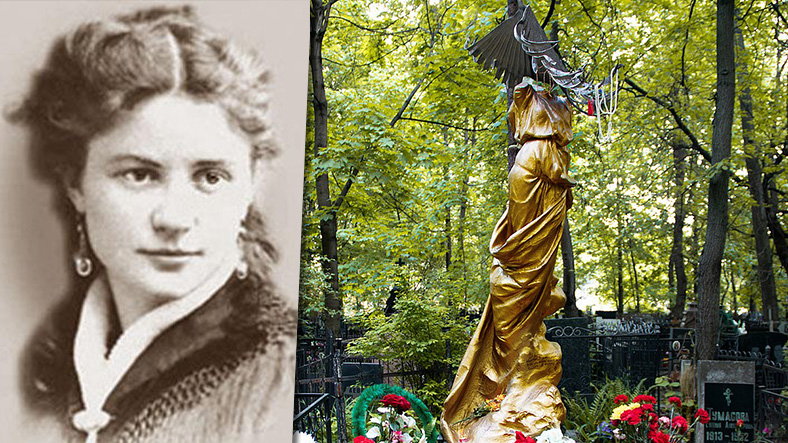 Sofia Bluwstein (fot. autor nieznany) i poświęcony jej pomnik na moskiewskim Cmentarzu Wagańkowskim (fot. Ksenia Braginskaya / wikipedia)