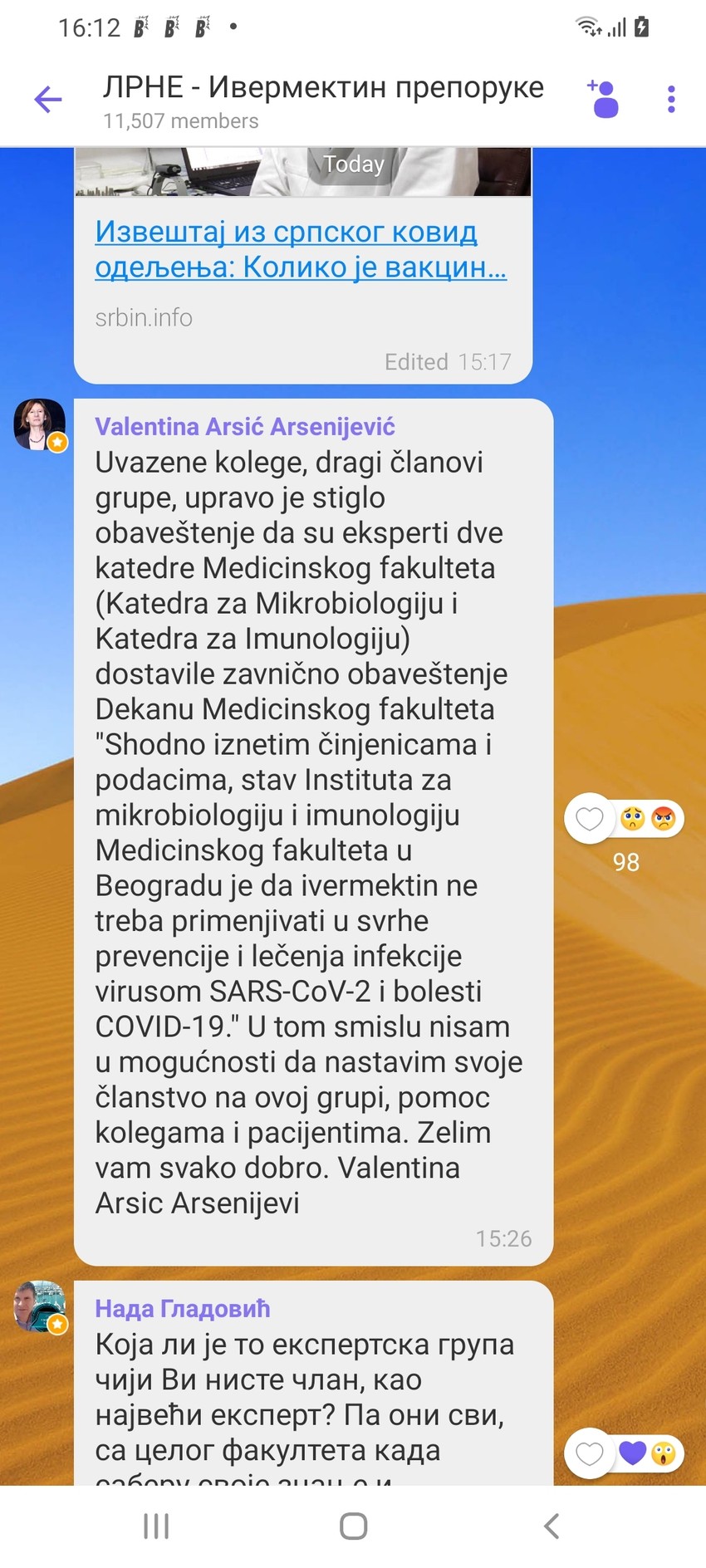 Oproštajna poruka Valentine Arsić Arsenijević u viber grupi "Ivermektin"