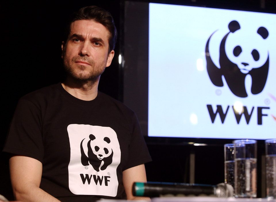 Marcin Dorociński podczas konferencji prasowej WWF Polska nt. kampanii na rzecz ochrony ostatnich rysiów nizinnych w Polsce, 2014 r.