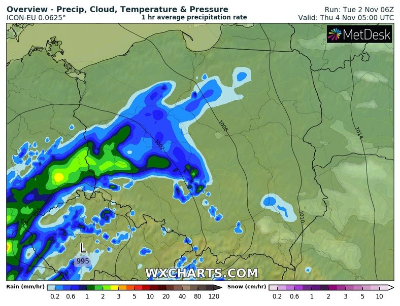 Noc z kolejną porcją opadów