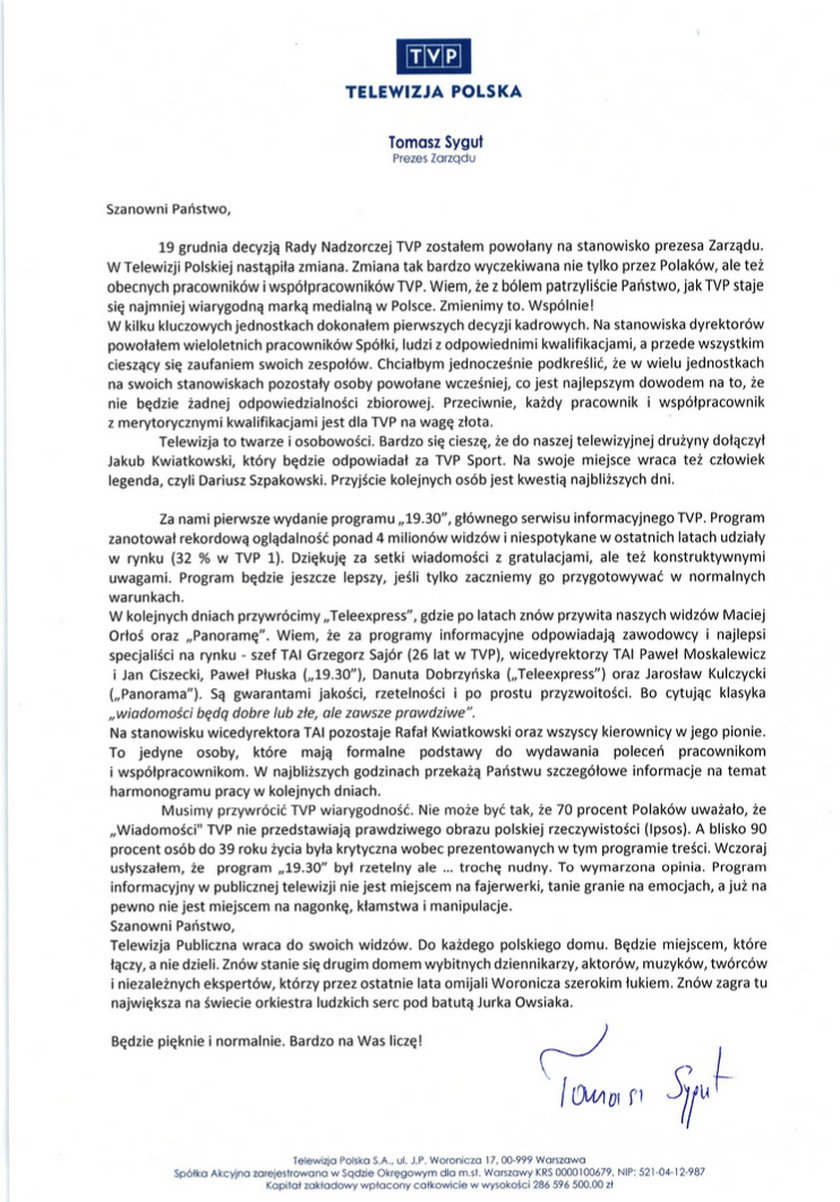 List Tomasza Syguta do pracowników TVP.