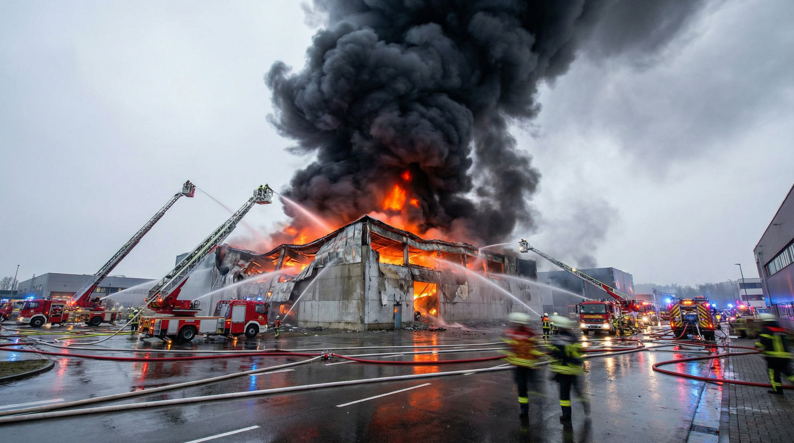 160 Feuerwehrleute kämpfen gegen Flammen in 5500-Quadratmeter-Halle bei Köln