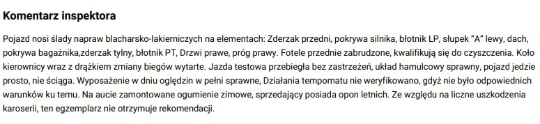 Komentarz eksperta ze szczegółowych oględzin samochodu